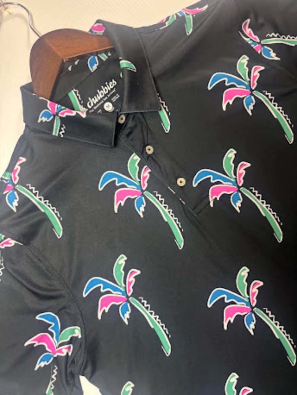 chubbies Polo Shirt Me Medium Black Palm Tree Print Performance Stretch Golf